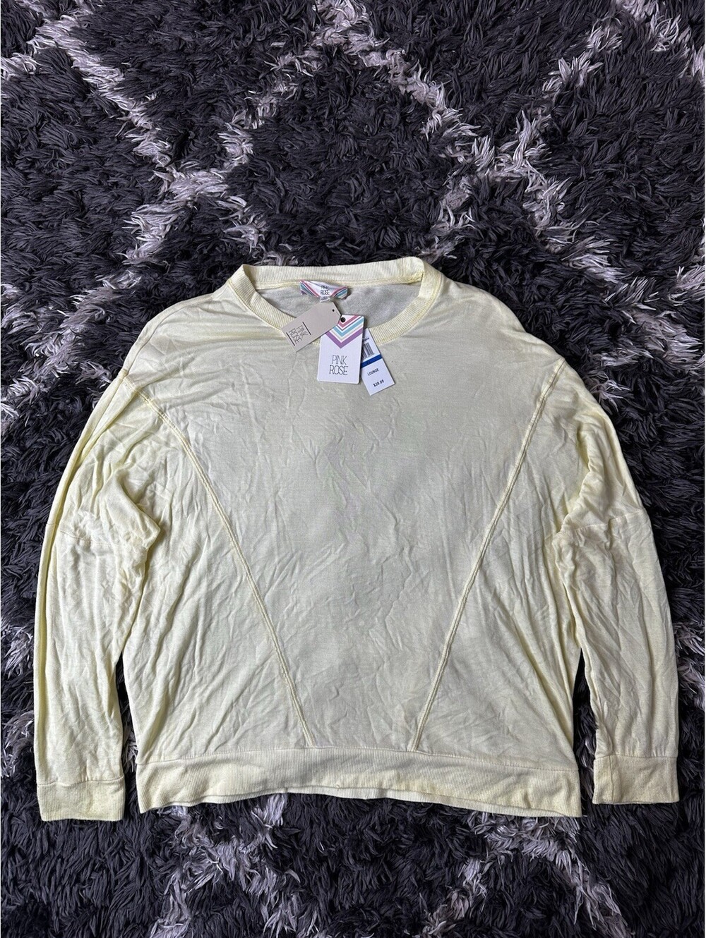 NWT Pink Rose Womens XL Light Yellow Crewneck Long Sleeve Lounge Top Sweatshirt